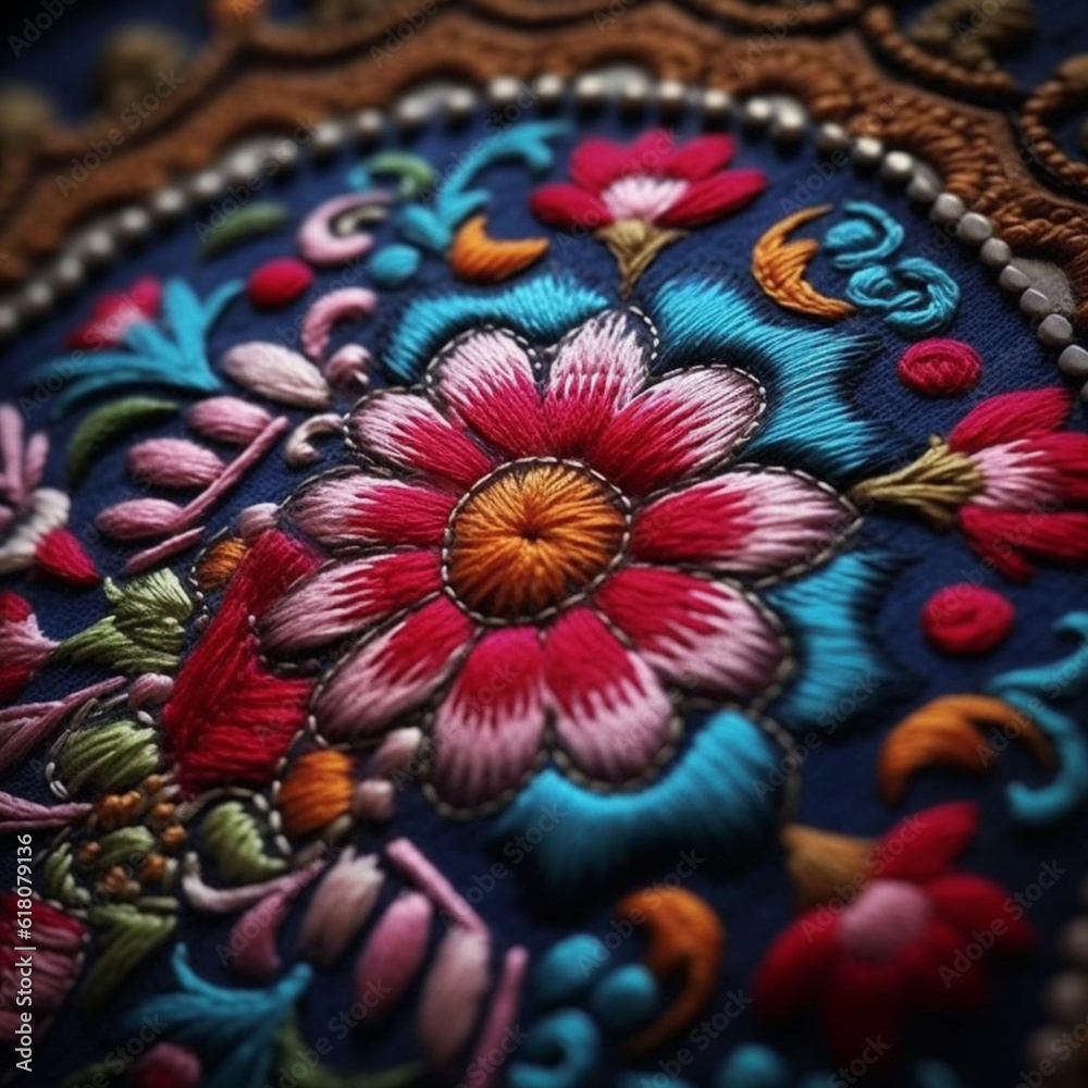 Poster An artistic photo displaying Ukrainian embroidery, characterized by intricate and colorful patterns stitched onto fabric.  Generative AI technology.
