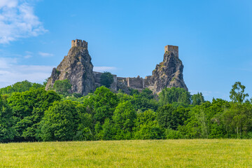 Trosky castle ruins with two towers. Sunny summer day view. Bohemian Paradise, Czech: Cesky raj, Czech Republic