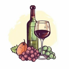 AI generated illustration of a bottle of white wine surrounded by grapes on a neutral background