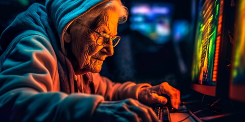 old woman using a computer to communicate with her distant relatives and friends.