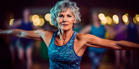 older generation engaging in physical activity, such as yoga or group fitness classes.