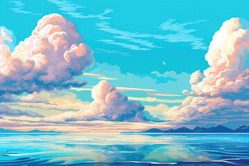 ocean background blue sky clouds seascape illustration Generative AI
