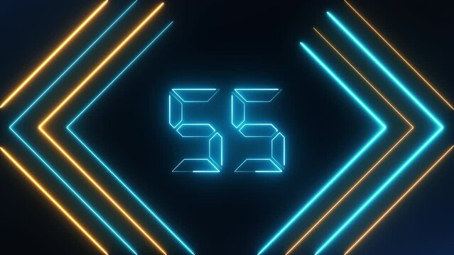 Digital neon countdown clock timer in one minute or 60 seconds to zero second. Neon countdown with neon frame background.