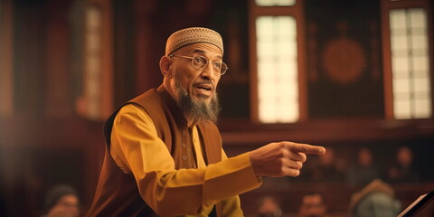 Muslim scholar delivering a thought-provoking lecture on Islamic philosophy and spirituality, inspiring listeners with wisdom . Generative AI - obrazy, fototapety, plakaty