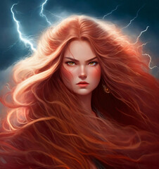 Fototapeta premium Portrait of a woman with red long hair, lightning in the background.