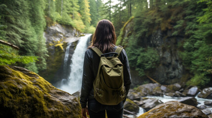 A Young Woman in Hiking Gear Looking at A Waterfall in Forest