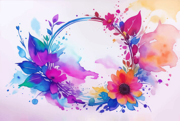 Watercolor Flower Wreath Illustration with Colorful Paint Splash on Light Background. Vintage Aquarelle Wallpaper Design for Banner, Poster, Invitation or Greeting Card.