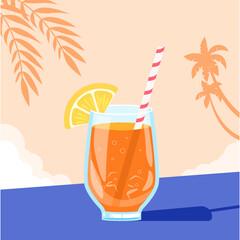 Cocktail glass with straw. Drink in a glass, summer poster by the sea with palm trees and a cocktail