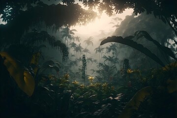 Fototapeta na wymiar a cinematic wellcomposed layered filmic shot of a tropical jungle in the middle of nowhere Beautiful flowers through the trees in the distance a mysterious light through the trees in the 