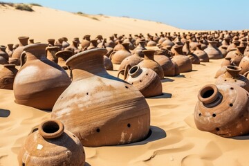 Old amphorae in sand. Generative AI - obrazy, fototapety, plakaty