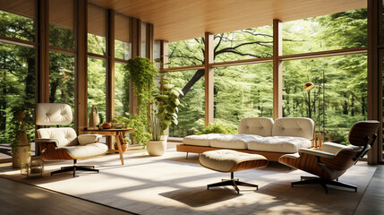 Modern room in house surrounded with forest. Large windows, organic architecture. Generative AI