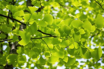 Green leaves of a ginkgo biloba tree in the springtime. Generative AI