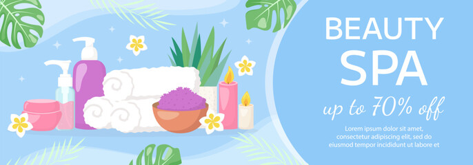 Vector beauty spa salon banner template. Towels, cosmetics products, tropical leaves, flowers on blue background. Beauty industry, massage service flyer, brochure, sale coupon