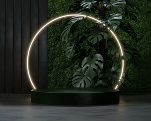 3D pedestal podium on green moss background with monstera palm tree leaves. Beauty product promotion platform display mockup. Natural 3D render copy space banner minimal. Dark, trendy illustration.