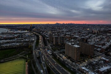 Aerial view of Calvert Vaux Park in Brooklyn, New York during a beautiful and colorful sunset