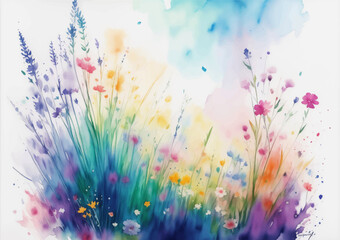 Fototapeta na wymiar Watercolor Meadow with Colorful Flower Illustration. Summer Flower Field with Paint Splash on Light Background. Vintage Aquarelle Wallpaper Design for Banner, Poster, Invitation or Greeting Card.