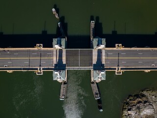 Aerial view over the Pelham Bay Railroad Bridge on a sunny morning in the Bronx, New York