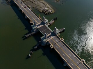 Aerial view over the Pelham Bay Bridge on a sunny morning in the Bronx, New York