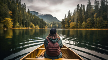 A Young Woman in a Canoe on a Calm Lake Surrounded by Conifer Forest