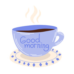 Cup with aromatic coffee. Coffee, cup, steam, saucer. Suitable for coffee shops, restaurants, morning routine. Hand drawn vector illustration in doodle style