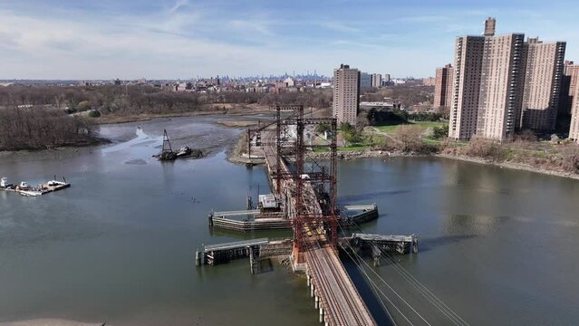 Aerial of the Pelham Bay Railroad Bridge over the river in the Bronx, New York