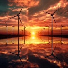 Obraz premium Wind turbine farm with sunset light. Generative Ai.