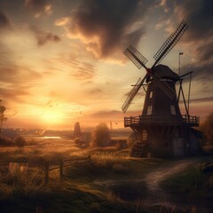 Fototapeta na wymiar Old windmills generate energy with sunset light. Generative Ai.