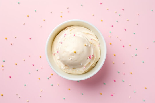 Top view of delicious vanilla milk ice cream in a round white vase isolated on a light pastel pink background, sprinkles. Copy space for text. Generative AI photo.