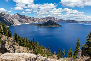Scenic view of the Crater Lake located in central Oregon, featuring the iconic Wizard Island