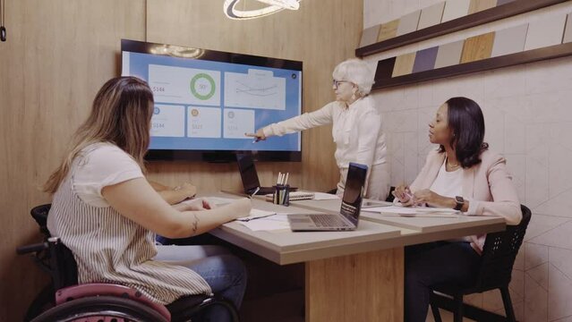elderly Brazilian female director of a company showing earnings charts on a screen during a business meeting with her female partners in Brazil