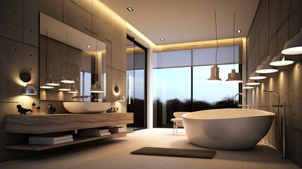 A beautiful interior bathroom with an element that allows the exhibition of products