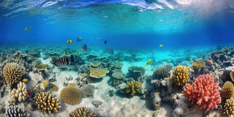 Fototapeta na wymiar colorful coral reefs and flock of tropical Vivid vicious