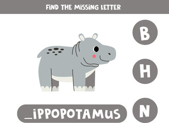 Find missing letter with cartoon hippopotamus. Spelling worksheet.