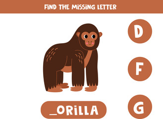 Find missing letter with cartoon gorilla. Spelling worksheet.