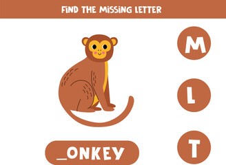 Find missing letter with cartoon monkey. Spelling worksheet.