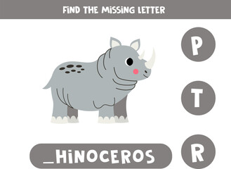 Find missing letter with cartoon rhinoceros. Spelling worksheet.
