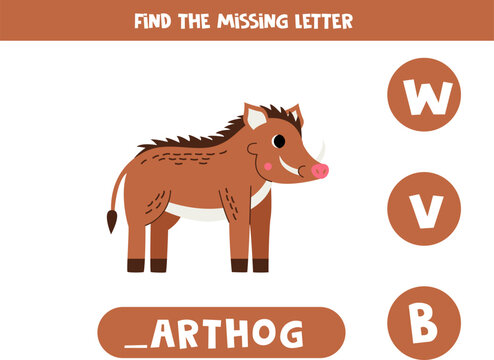 Find missing letter with cartoon warthog. Spelling worksheet.
