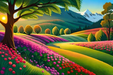 Obraz premium Flowering plants in the garden with mountains in the background.