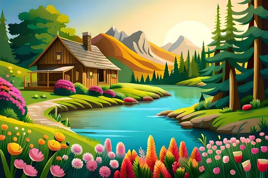 Beautiful landscape with lake, flowers and house.