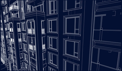 Illustration of an architectural hotel apartment facade, line drawing blueprint