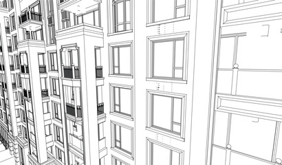Illustration of an architectural hotel apartment facade, line drawing blueprint