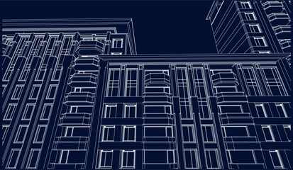 Illustration of an architectural hotel apartment facade, line drawing blueprint