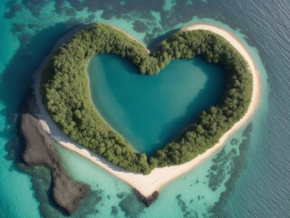 A top view of heart-shaped island in ocean - obrazy, fototapety, plakaty