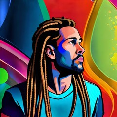 Colorful portrait of a african man with dreadlocks, pop art.