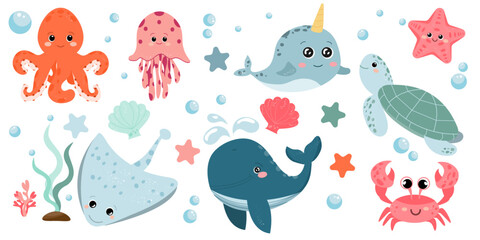 Set of sea and ocean underwater animals. Cute fish and wild marine cartoon animals. Undersea world. Octopus, whale, jellyfish, stingray, crab, shells, narwhal, starfish, turtle