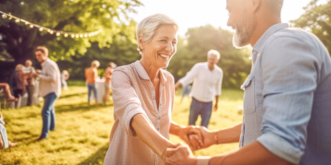 Happy family celebrating  at summer party outdoor. Group of people with different ages and ethnicity having fun together outside. Friendship and celebration concept, people for barbecue. digital ai