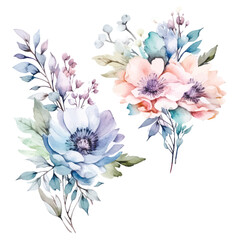 Fototapeta na wymiar Dreamy Watercolor Fairy Flowers on a White Background