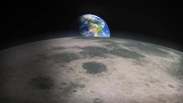 Earth globe appears after flight over the lunar surface. Earthrise, anmation on black space