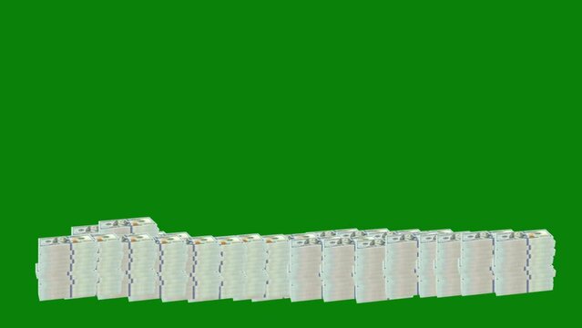 Dollars falling on top of each other, isolated on green screen background