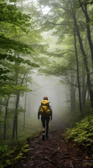 A Young Woman on a Hiking Trail in a Green Beech Forest